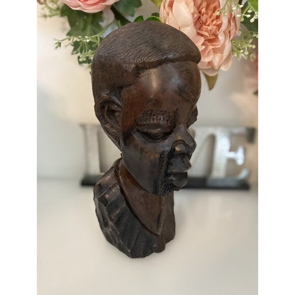 Vintage 1960s Tribal Man Hand Carved African Male Exotic Wood 8" Head Bust Stump - Picture 5 of 16